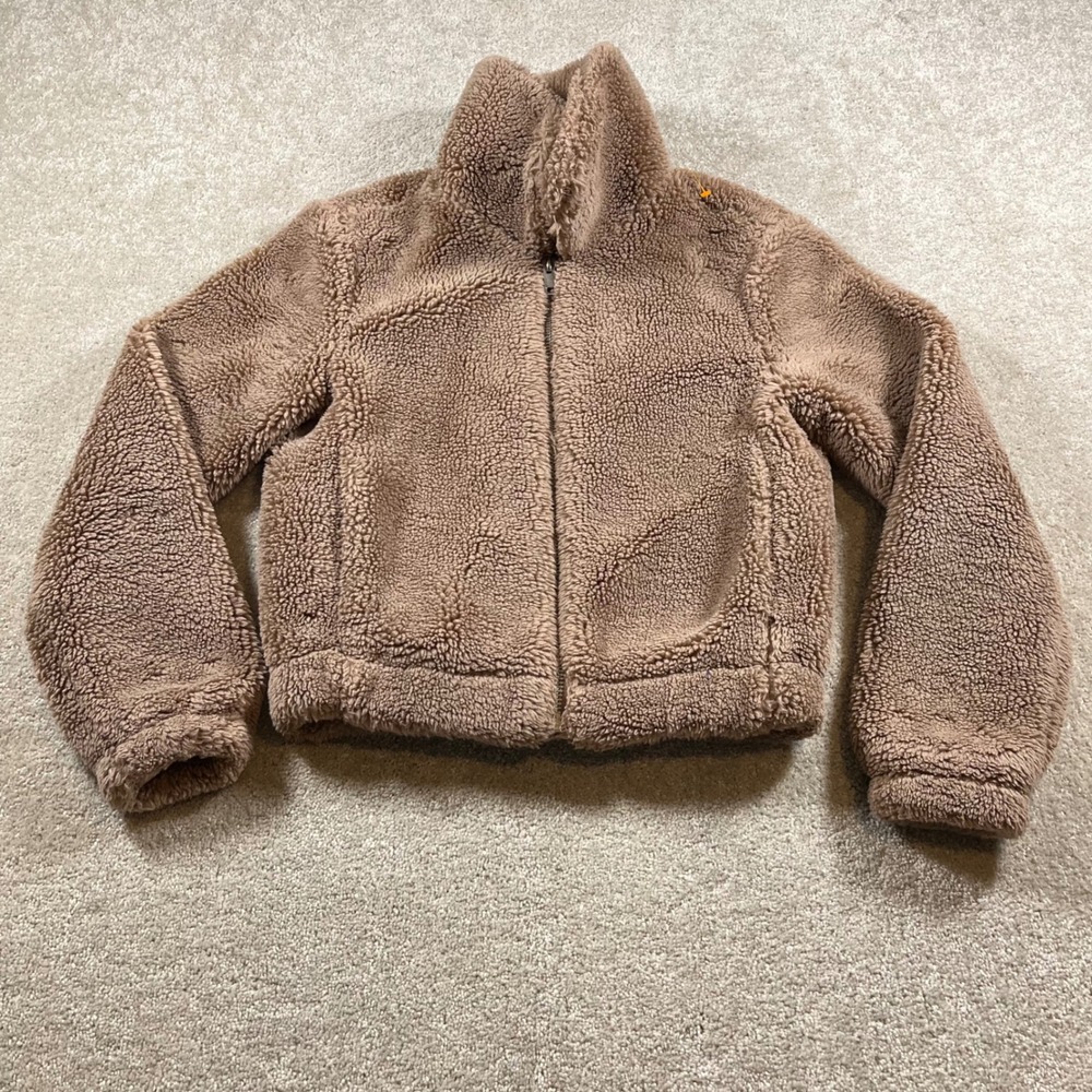 H&M Divided Teddy Fleece Jacket Womens XS Brown Cropped Zip Up Faux Shearling